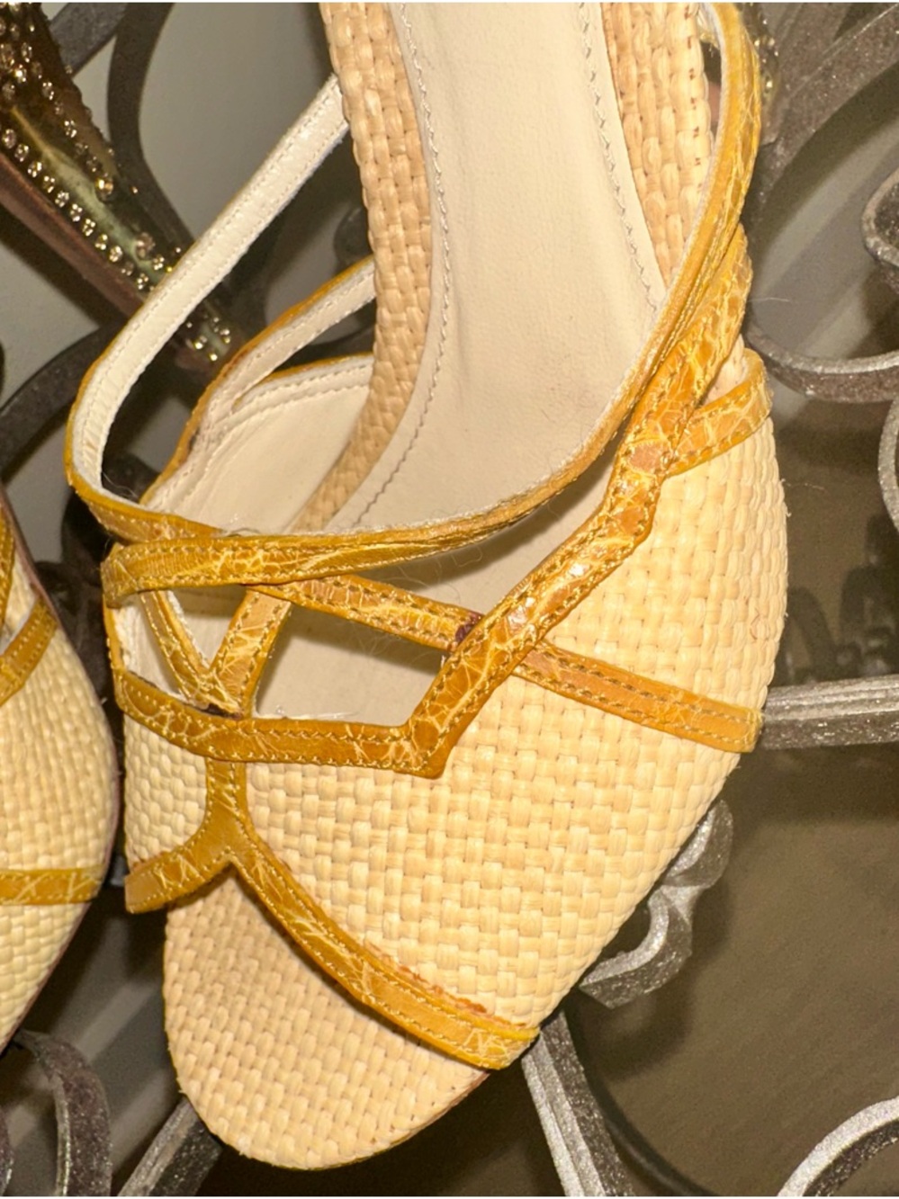 Prada genuine crocodile raffia Swarovski crystal 37.5 7 7.5 high Heel Sandals - Picture 4 of 8